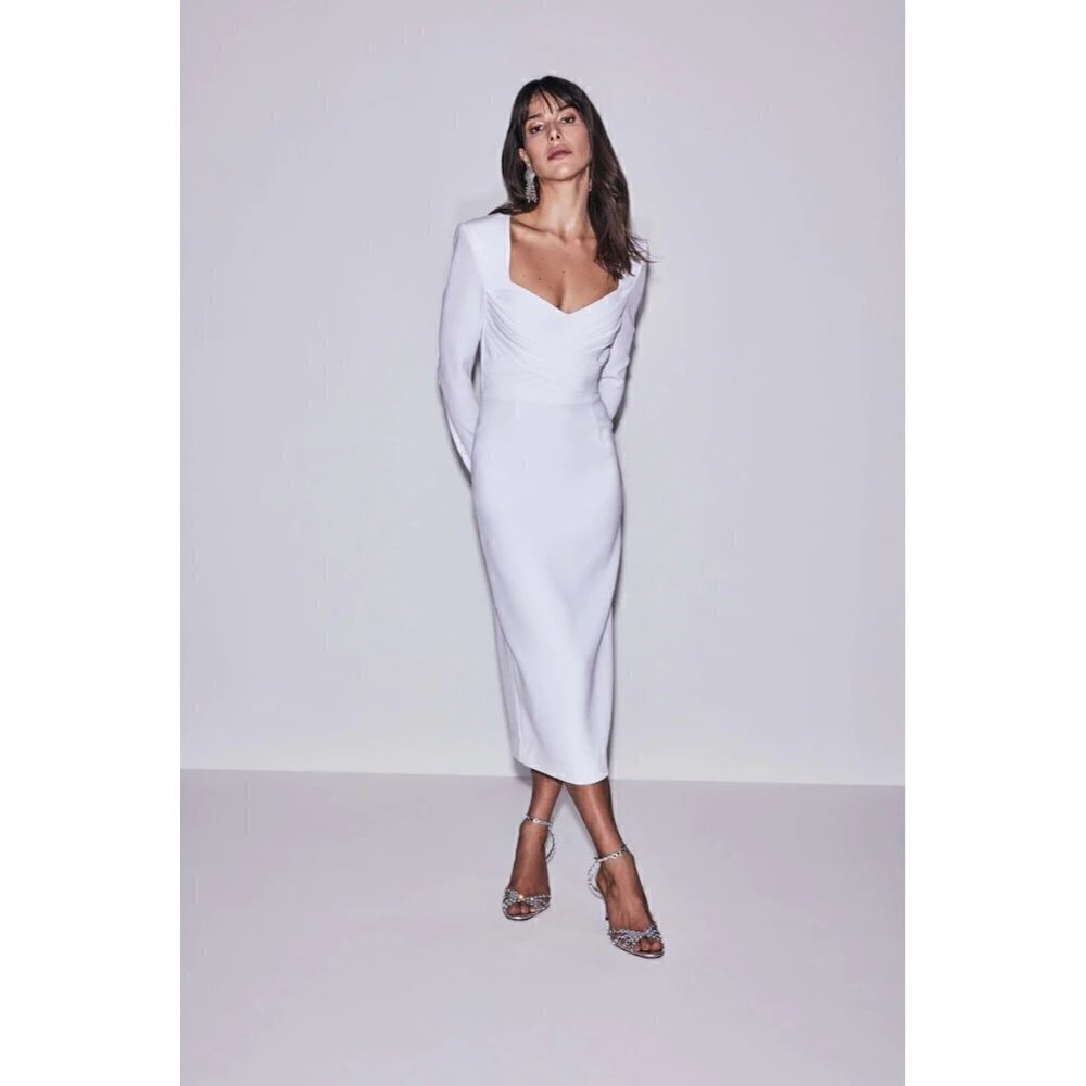 Rebecca Vallance Eloise Long Sleeve White Satin Midi Dress Size 0